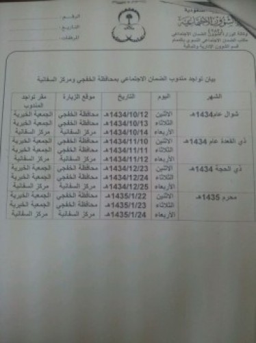 جدول زيارة مندوبي الضمان الاجتماعي لمحافظة الخفجي للفترة القادمة صحيفة أبعاد الإخبارية