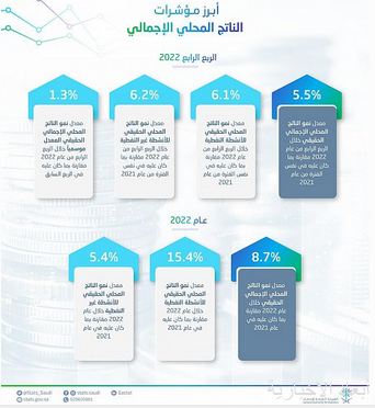 " الإحصاء" : الاقتصاد السعودي يتجاوز تقديرات المنظمات الدولية ويحقق أعلى نمو بين دول G20 بنسبة 8.7% خلال عام 2022م