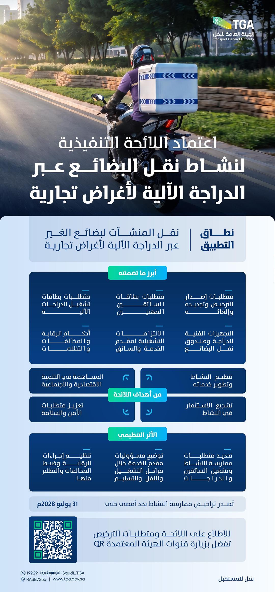 الهيئة العامة للنقل تصدر اللائحة التنفيذية لنشاط نقل البضائع عبر الدراجة الآلية لأغراض تجارية