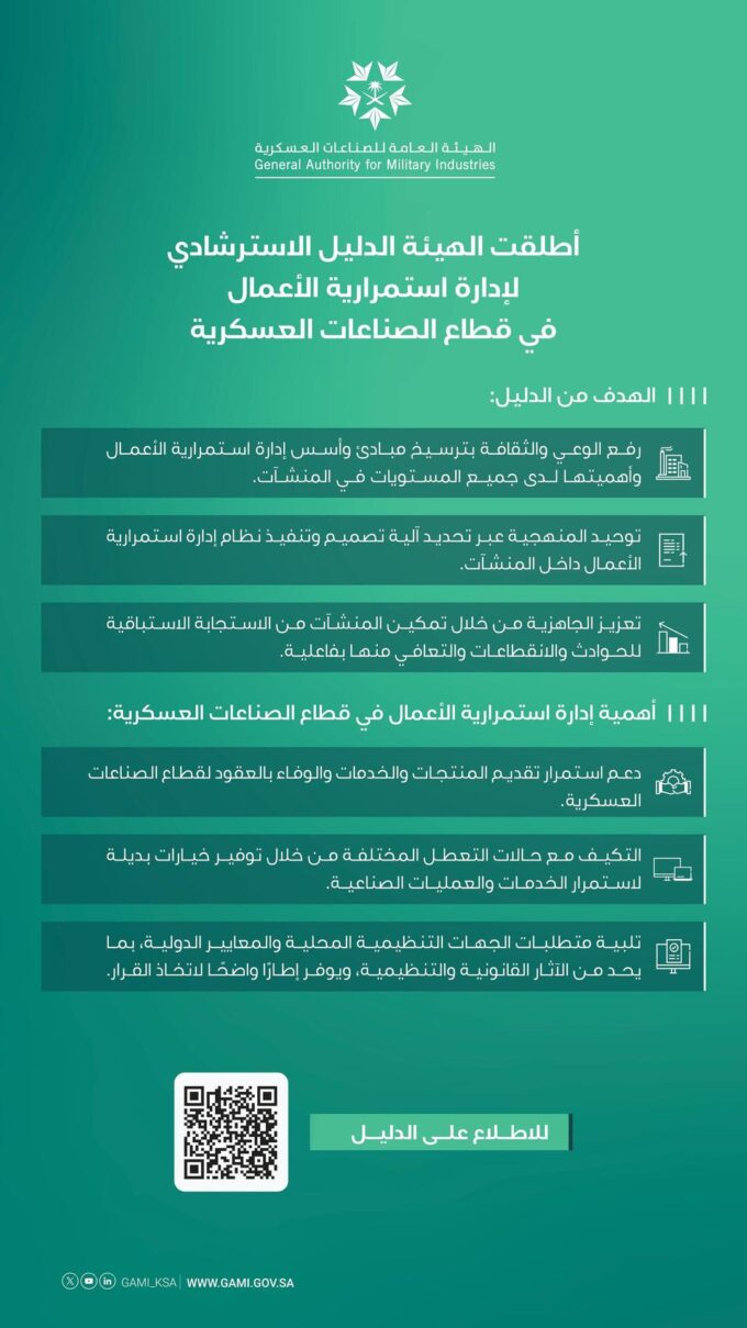 الهيئة العامة للصناعات العسكرية تطلق دليلًا استرشاديًا لإدارة استمرارية الأعمال في قطاع الصناعات العسكرية