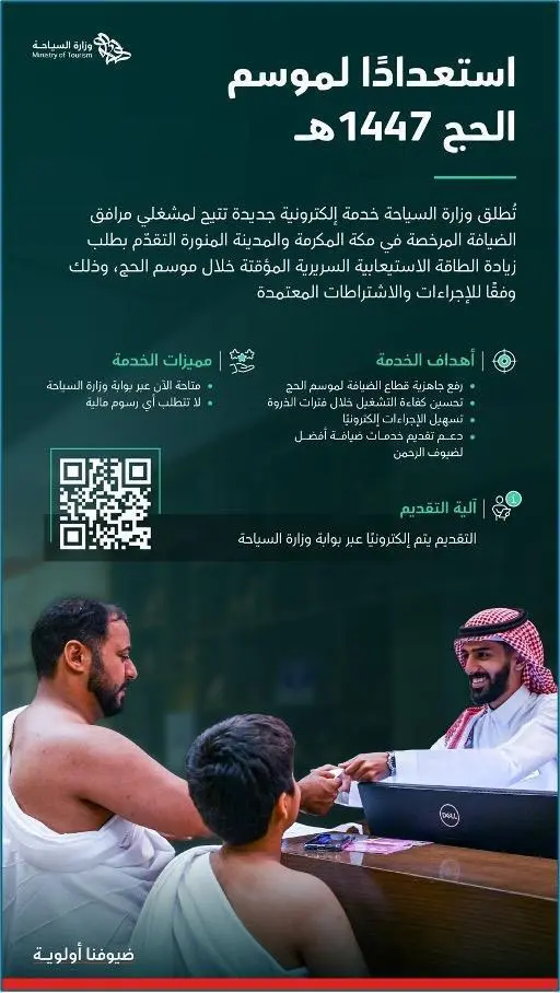 وزارة السياحة تطلق خدمة طلب زيادة الطاقة الاستيعابية لمرافق الضيافة في مكة والمدينة لموسم الحج القادم